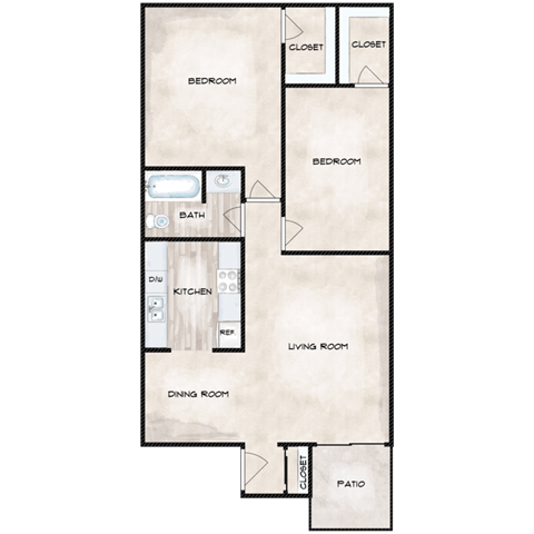 Floor plan for 2 beds, 1 bath, 819 sqft